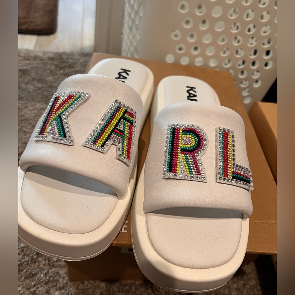 Karl Lagerfeld Kids White Slide Sandals with Multicolor Accents